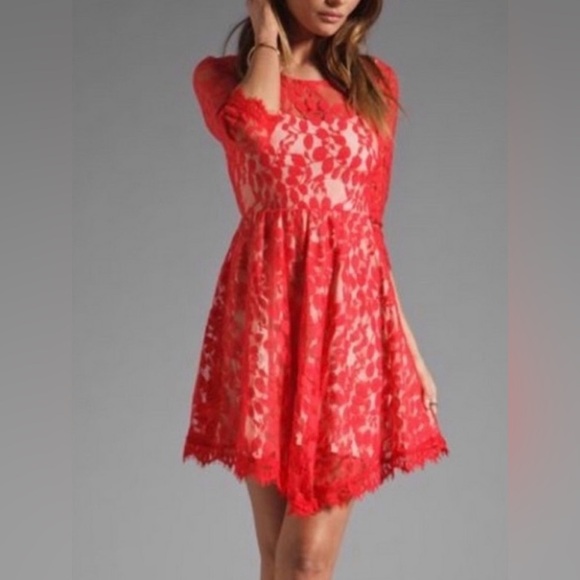 Free People Red Lace Fit & Flare Dress | Size 2 | Boho Party Dress - Picture 4 of 12
